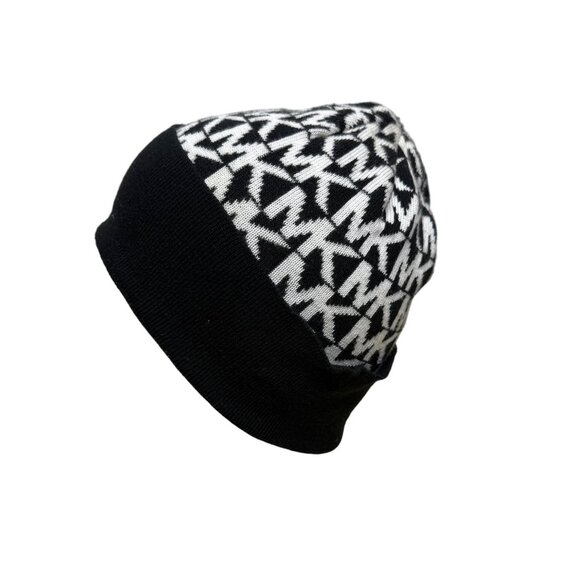 Michael Kors Womens Black & White Printed Knitted Beanie Hat Stretch OS - Picture 5 of 7